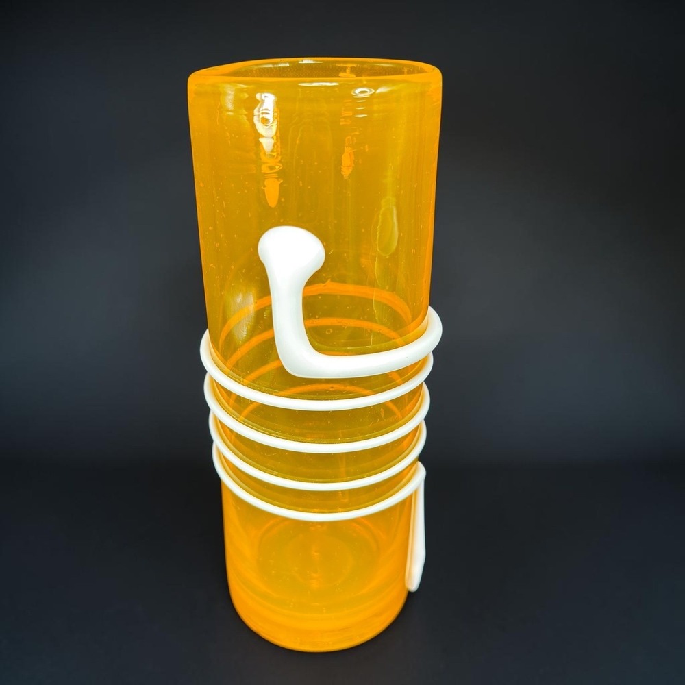 Poland Art Glass Vase Orange Amber White Coil Wrap Hand‎ Blown Modern MCM 8.75in